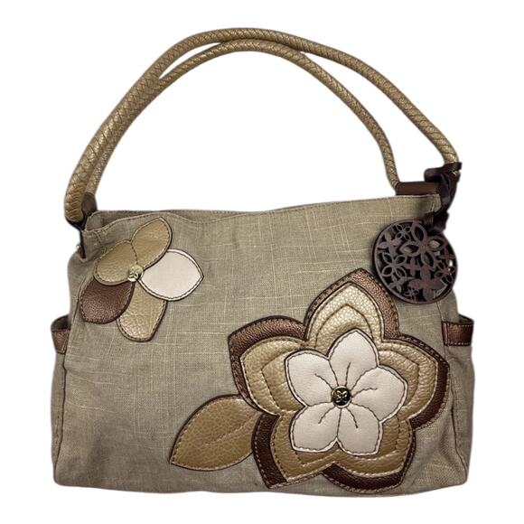 Relic Purse Beige Canvas Tea Rose Appliqué Double Shoulder Strap Hobo Handbag - Picture 1 of 14